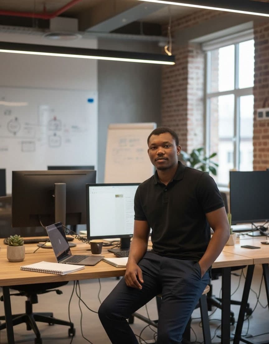 Micheal Macaulay seated at a desk in an open-plan office